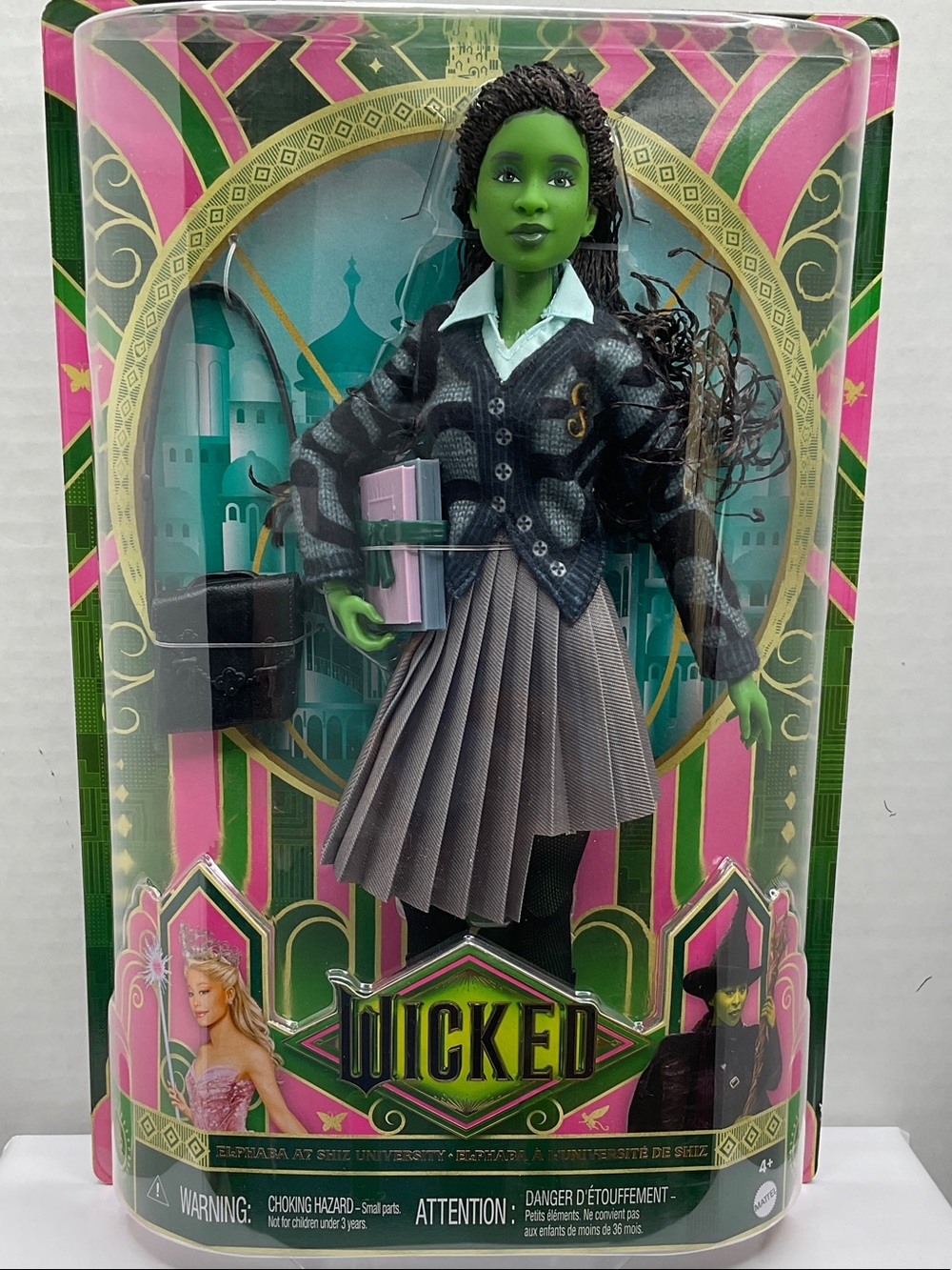 Wicked Green-Skinned School Uniform Doll Costume with Gray Pleated Skirt